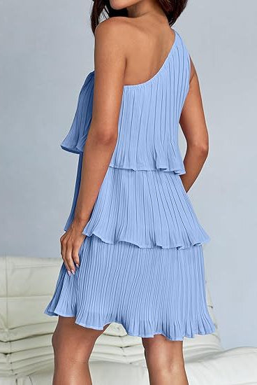 Light blue layered stitching hem pleated sleeveless dress with a stunning shoulder design