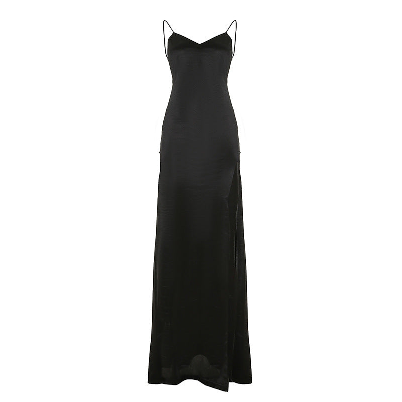 Sleeveless black satin maxi dress from Gorgeous Bare Back Split Dress in elegant fashion
