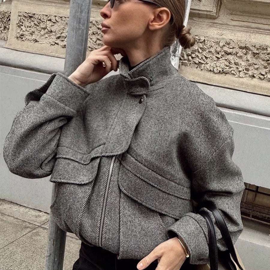 Langry fashion gray tweed woolen coat with black accents and bow detail