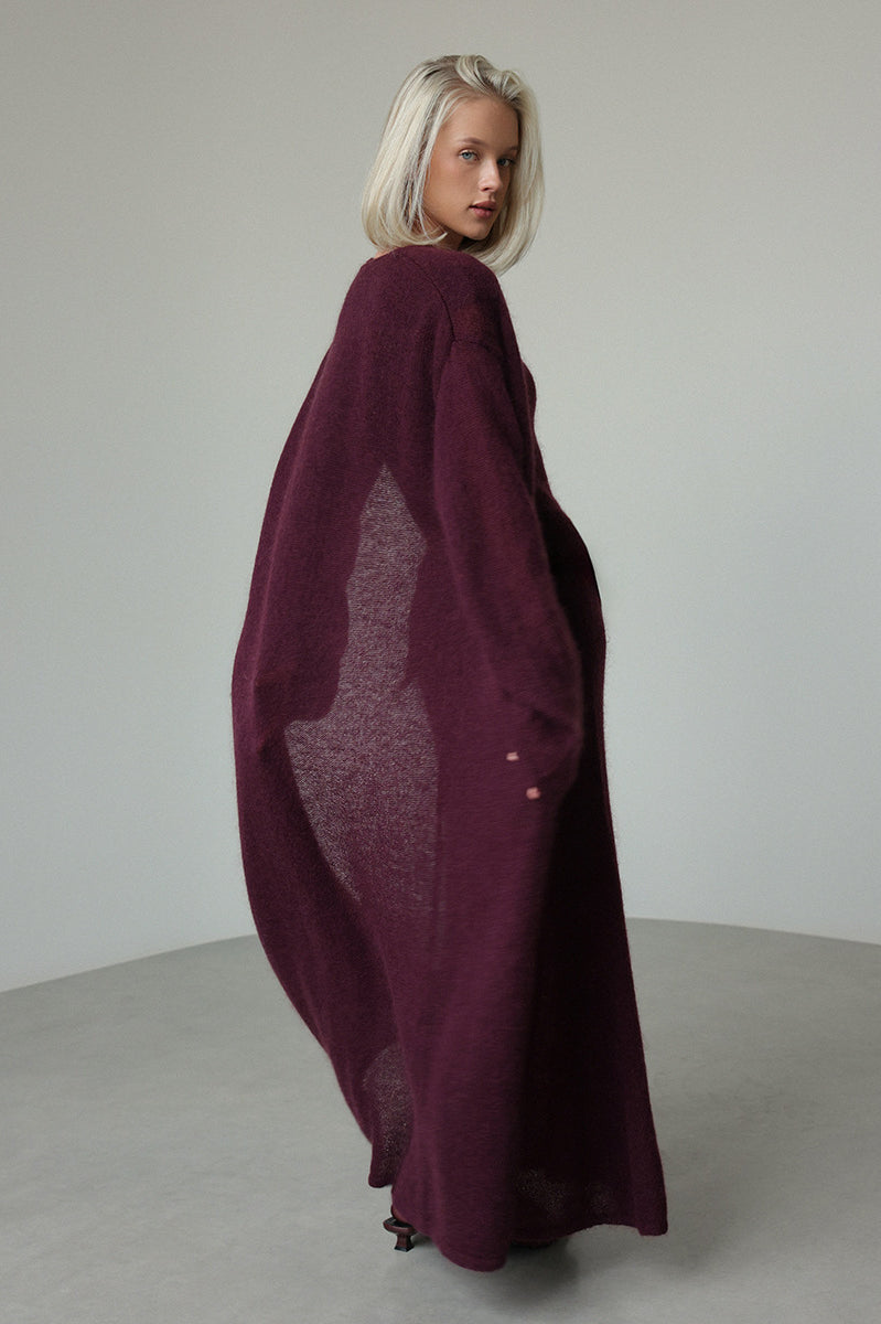 Maroon knitted cardigan sleeveless dress with lace cape detailing