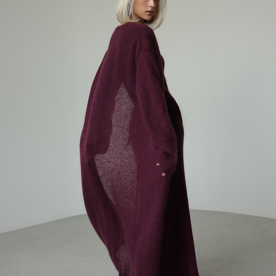 Maroon knitted cardigan sleeveless dress with lace cape detailing