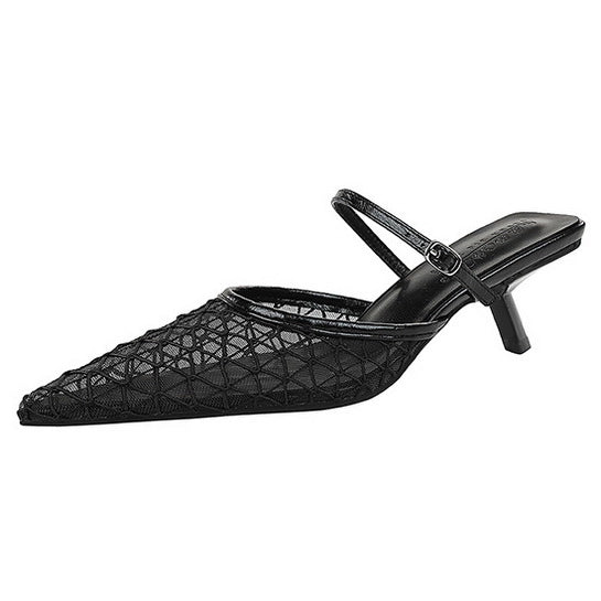 Langry fashion black woven leather kitten heel mule sandal with geometric pattern and ankle strap