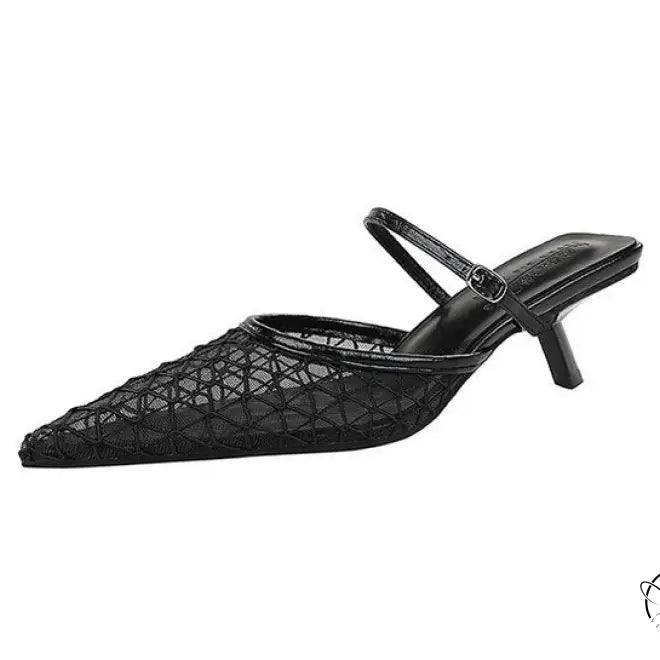 Langry fashion black woven leather kitten heel mule sandal with geometric pattern and ankle strap