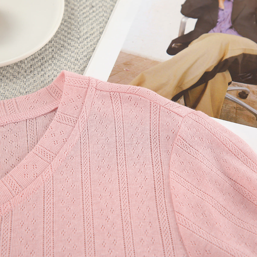 Pink eyelet knit short-sleeved V-neck top from Knit Breathable Long Sleeve Pajamas Women