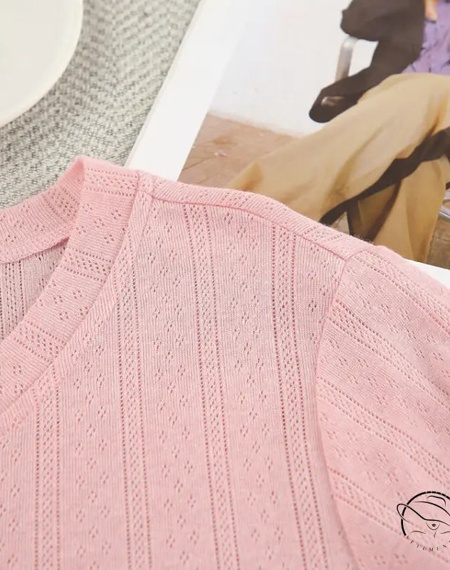 Pink eyelet knit breathable long V-neck top in fashion pajamas