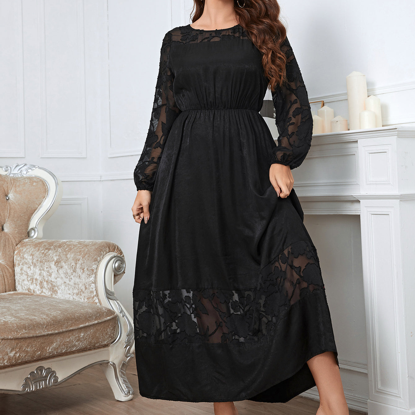 Black long-sleeved maxi dress from ELEGANT LACE DRESS, a sophisticated lace dress for formal occasions