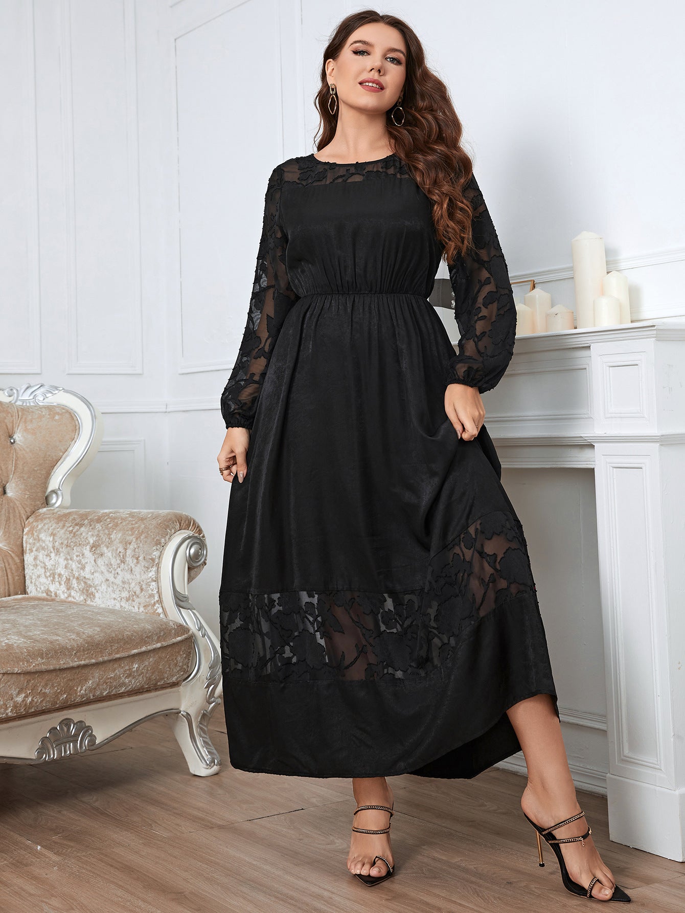 Black long-sleeved maxi dress from ELEGANT LACE DRESS, a sophisticated lace dress for formal occasions