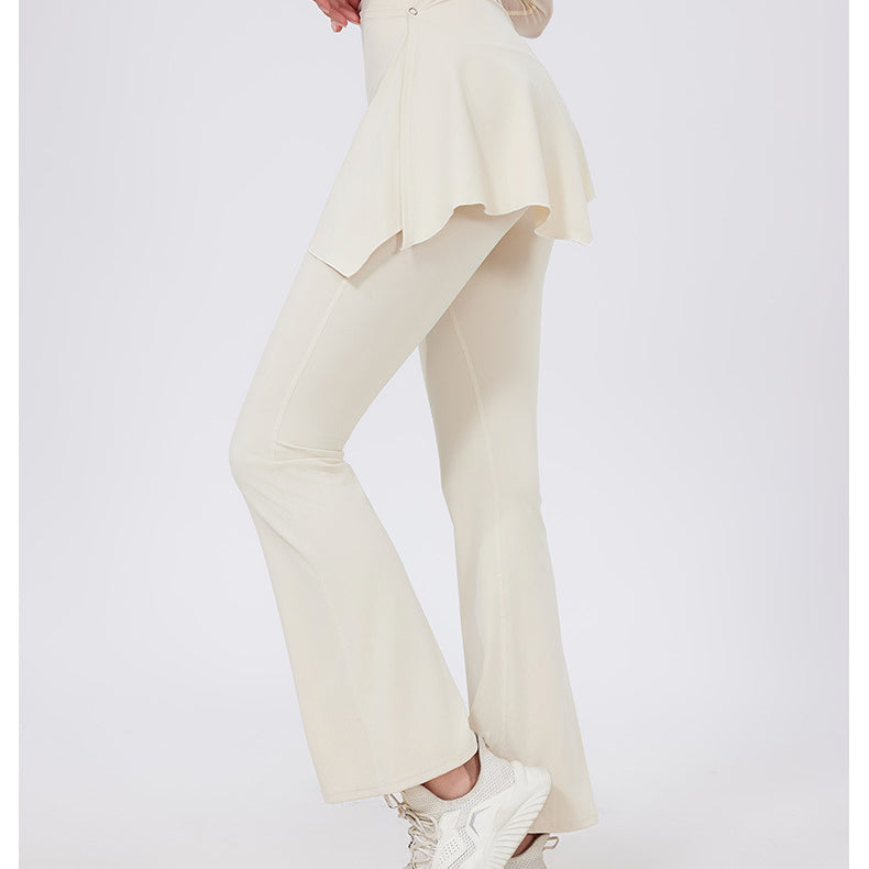 Cream-colored high-waist hip lifting nude feel yoga pants with flared ruffled hem