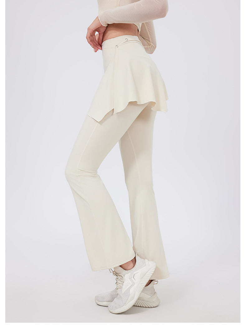 Cream-colored high-waist hip lifting nude feel yoga pants with flared ruffled hem