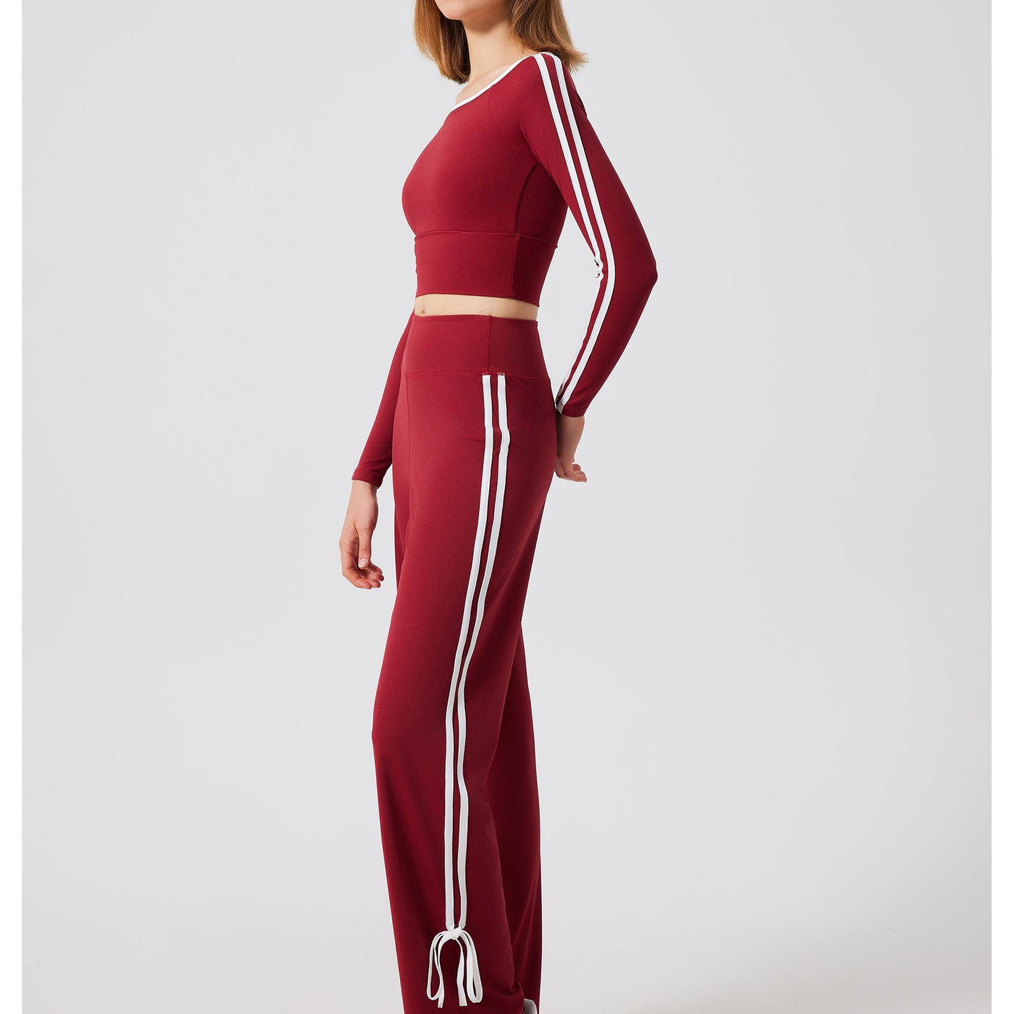 Burgundy crop top and pants set with white stripes from Quick Drying Sports Top for stylish ملابس