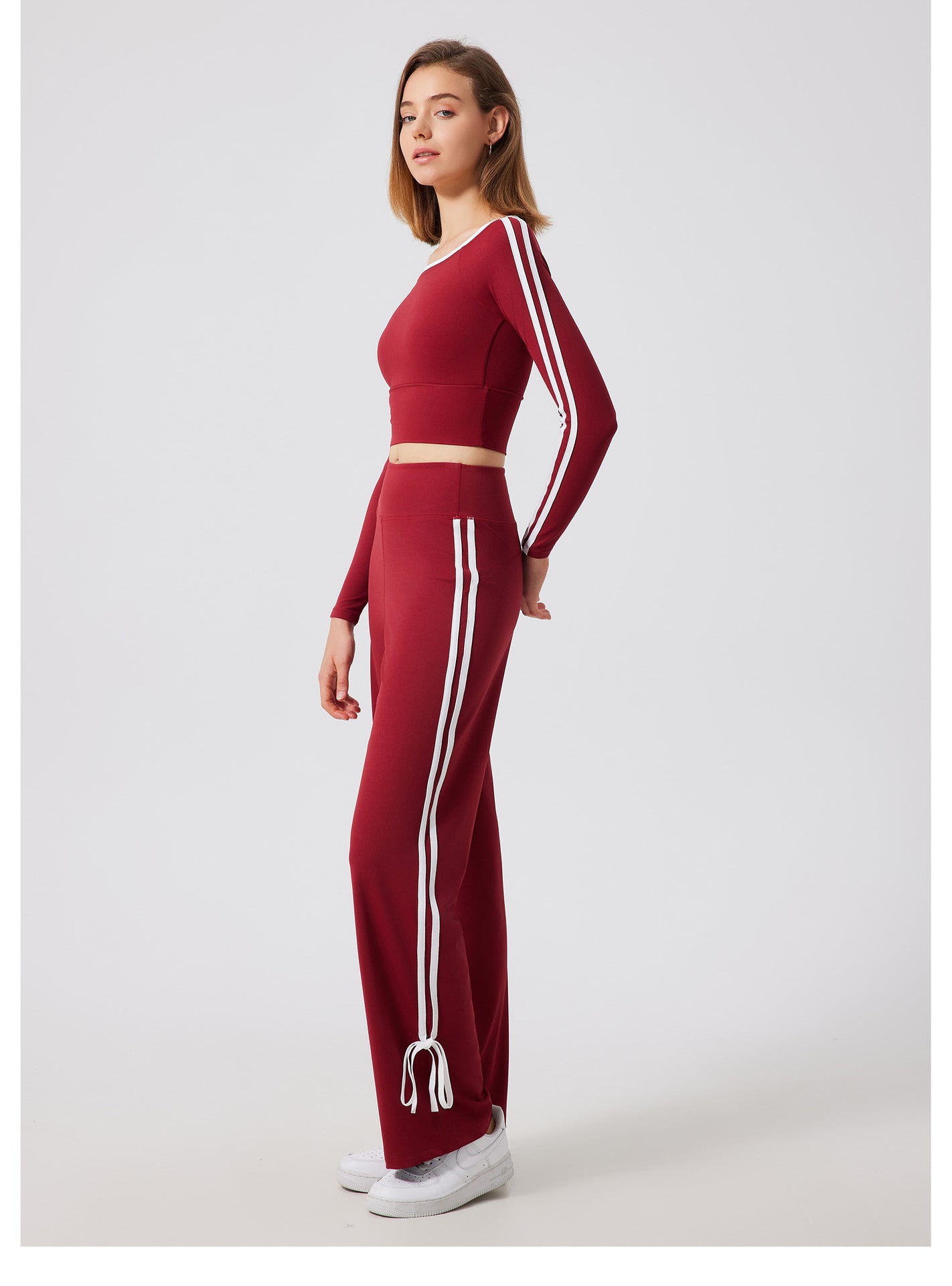 Burgundy crop top and pants set with white stripes from Quick Drying Sports Top for stylish ملابس