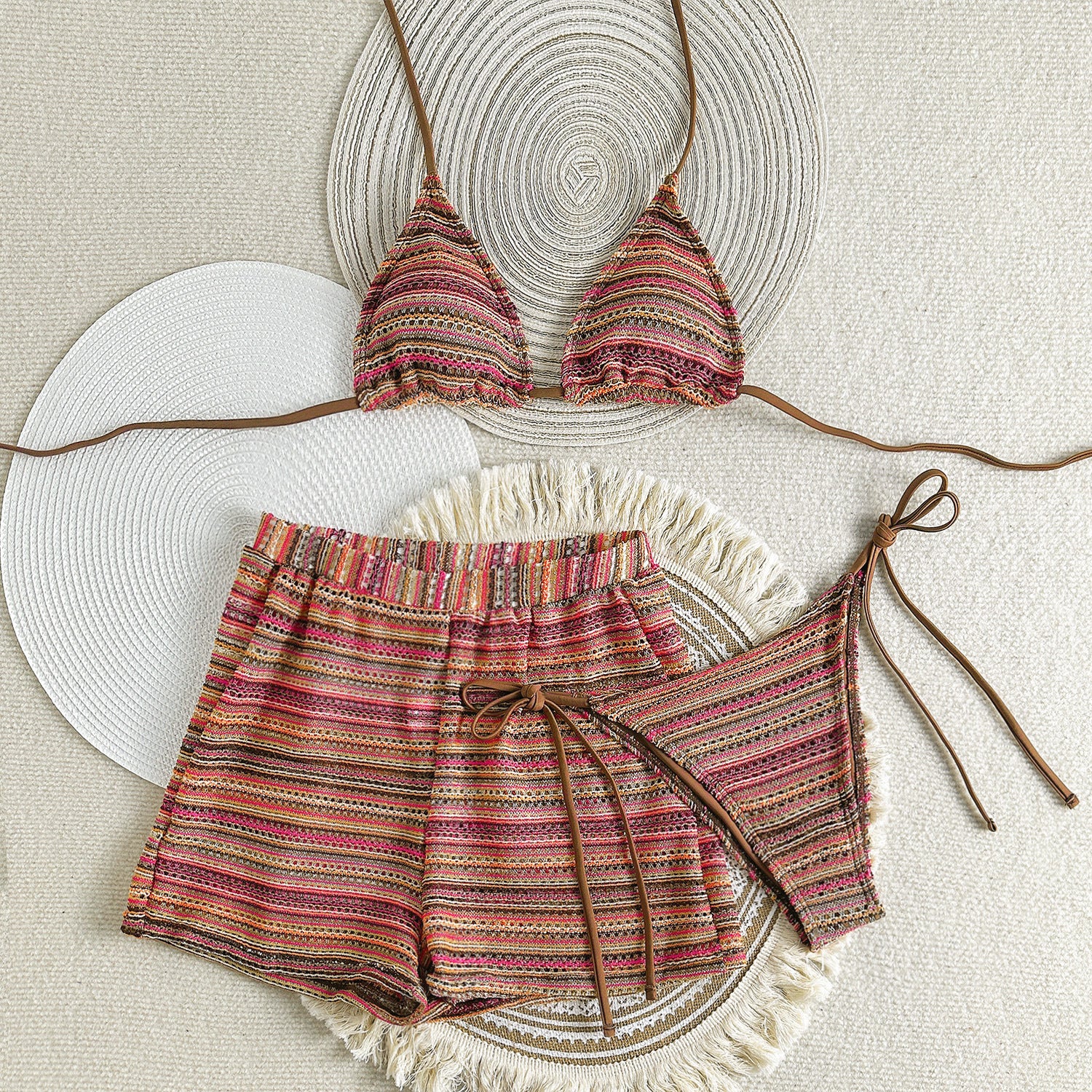 Striped knit bikini and shorts set from Cute Halter Bikini, perfect for stylish beachwear