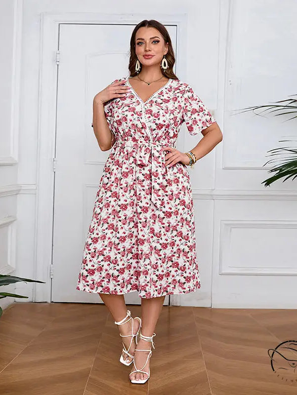 Boho lace floral dress: woman in white pink V-neck midi