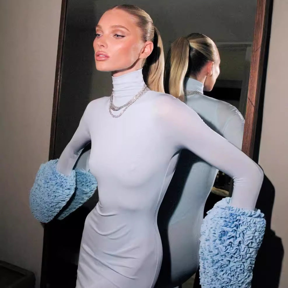 Light blue slim fit dress with fluffy cuffs, perfect for elegant langry fashion and ملابس