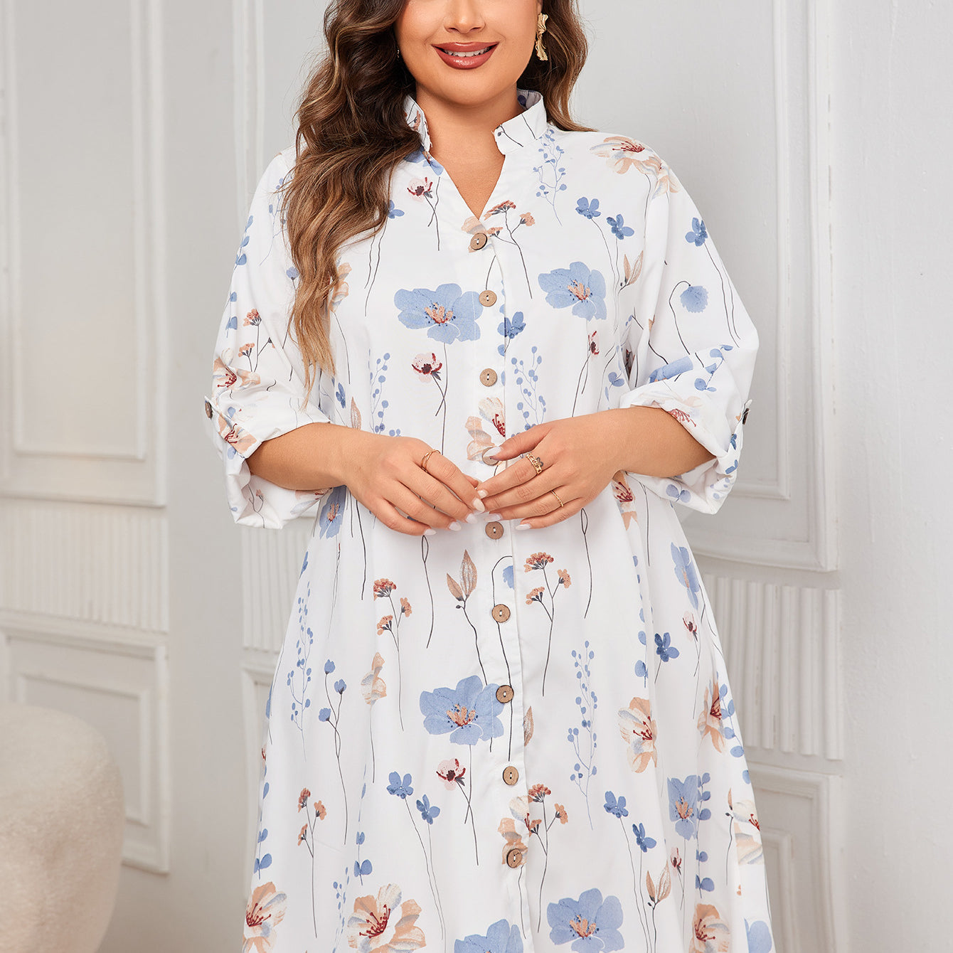 White floral print comfy loose mid length dress with mandarin collar for elegant style