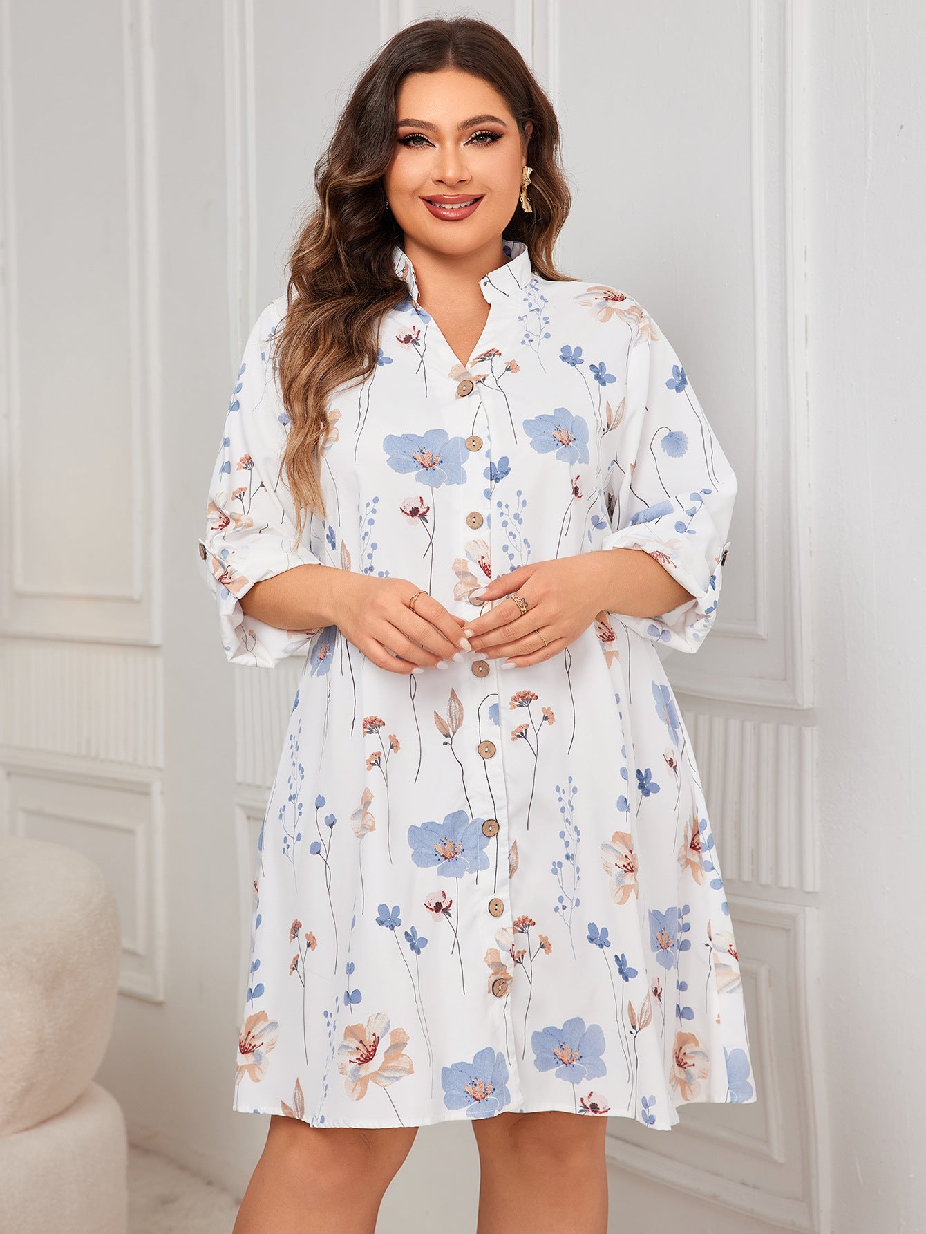 White floral print comfy loose mid length dress with mandarin collar for elegant style