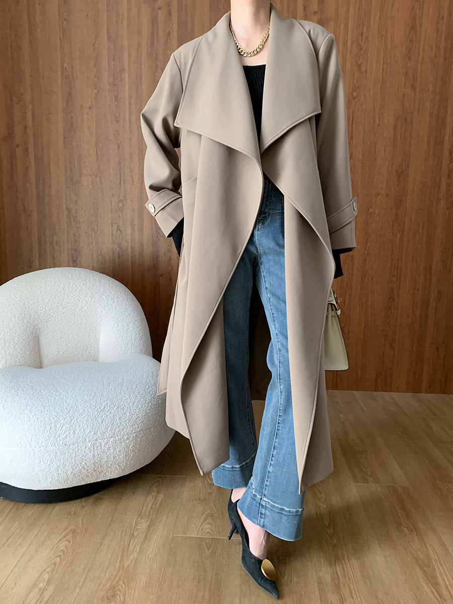 Tan trench coat with wide lapels from Cozy Long High End Coat for elegant langry fashion