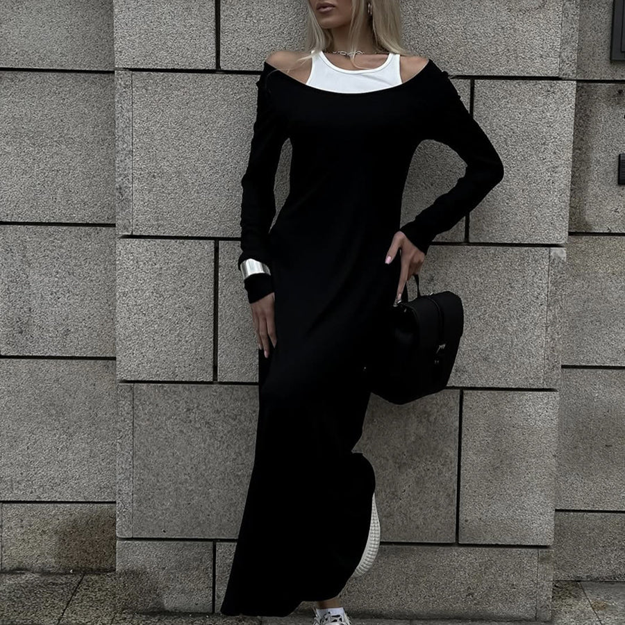 Long black dress with white trim and casual sneakers for stylish fashion ملابس
