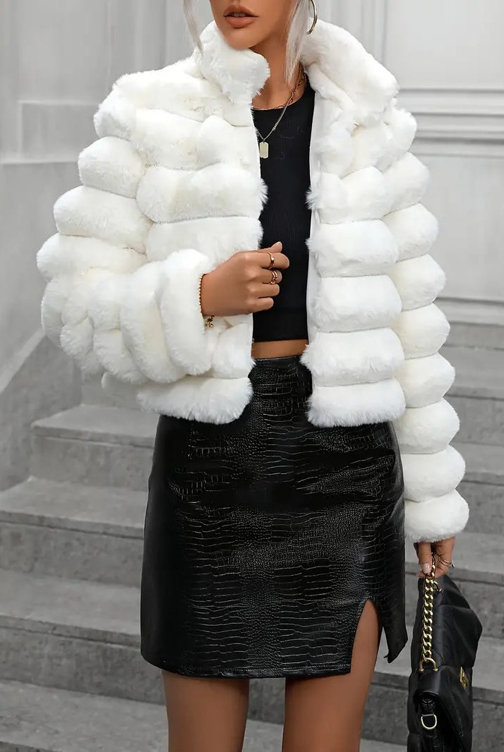 Cropped white autumn winter faux fur jacket for women in luxury and socialite style