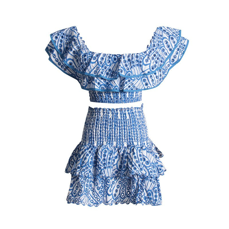 Blue and white ruffled two-piece Summer French Suit featuring a stylish high waist suit design