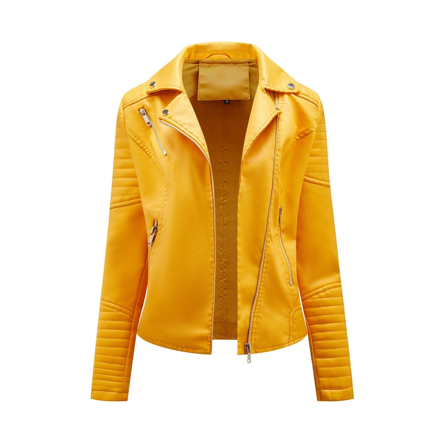Yellow faux leather biker jacket featured in the FALL LEATHER COAT collection for autumn style