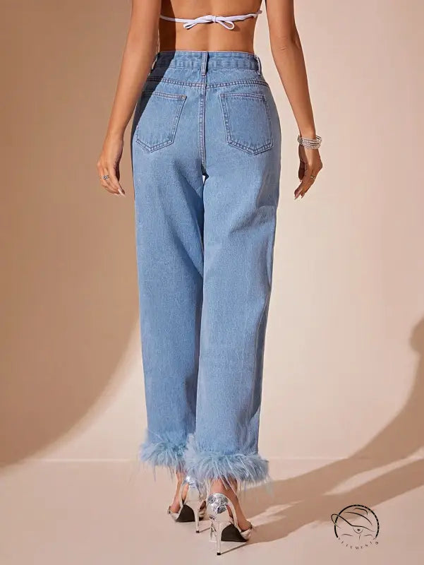 Light blue furry stitching straight jeans with feather trim cuffs