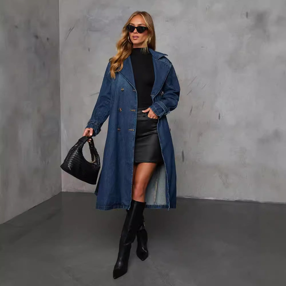 Casual retro denim coat with belt, long-sleeved double-breasted dark blue trench