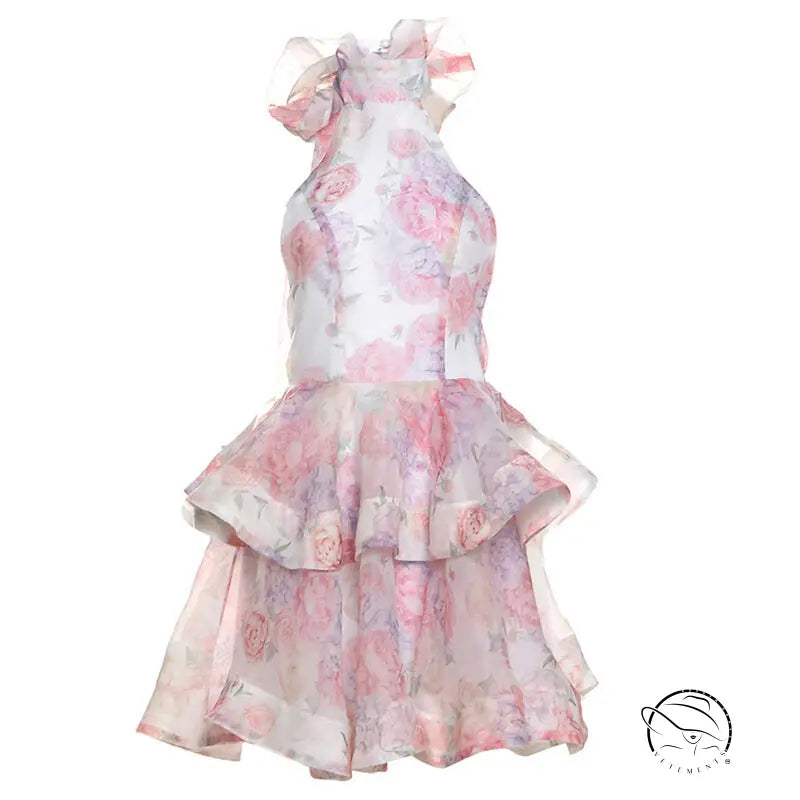 Exquisite short halter dress in pink white floral with tiered ruffles langry fashion