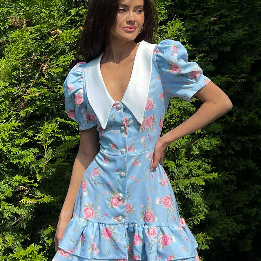 French v Neck Puff Sleeve Short Ruffled Dress