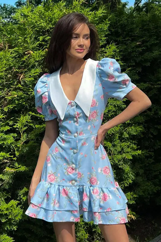 French v Neck Puff Sleeve Short Ruffled Dress