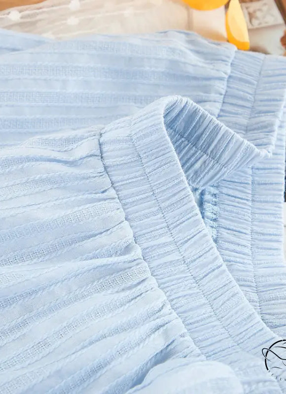 Light blue shirred pure cotton home wear cardigan with long sleeves