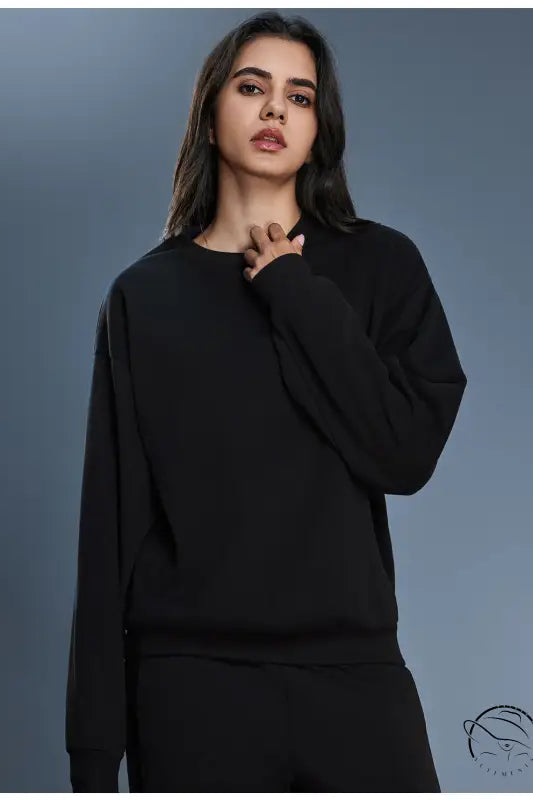 Black long sleeve cotton blend crew neck sweatshirt