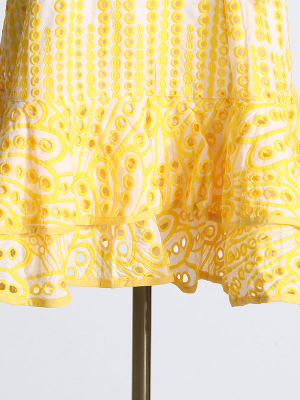 Yellow and white patterned sundress showcasing Summer Machine Embroidery fashion ملابس design