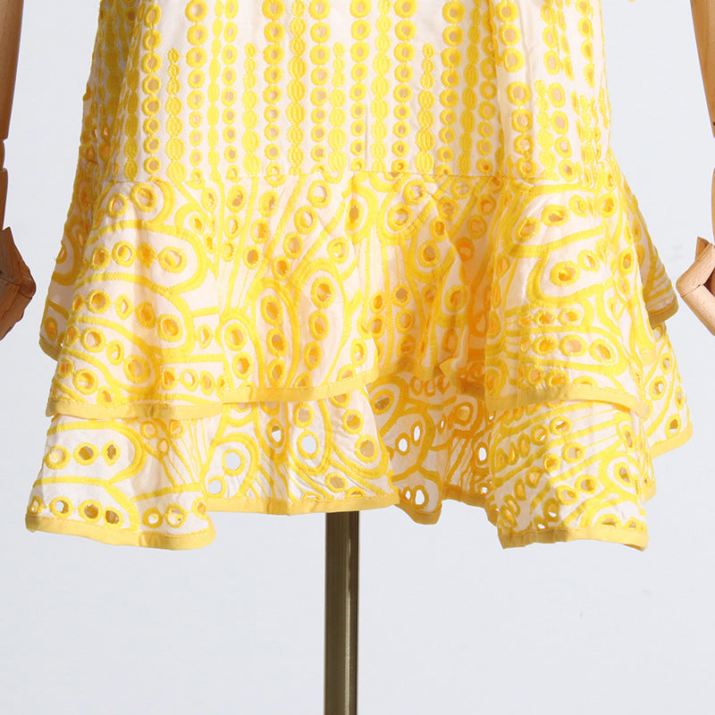 Yellow and white patterned sundress showcasing Summer Machine Embroidery fashion ملابس design