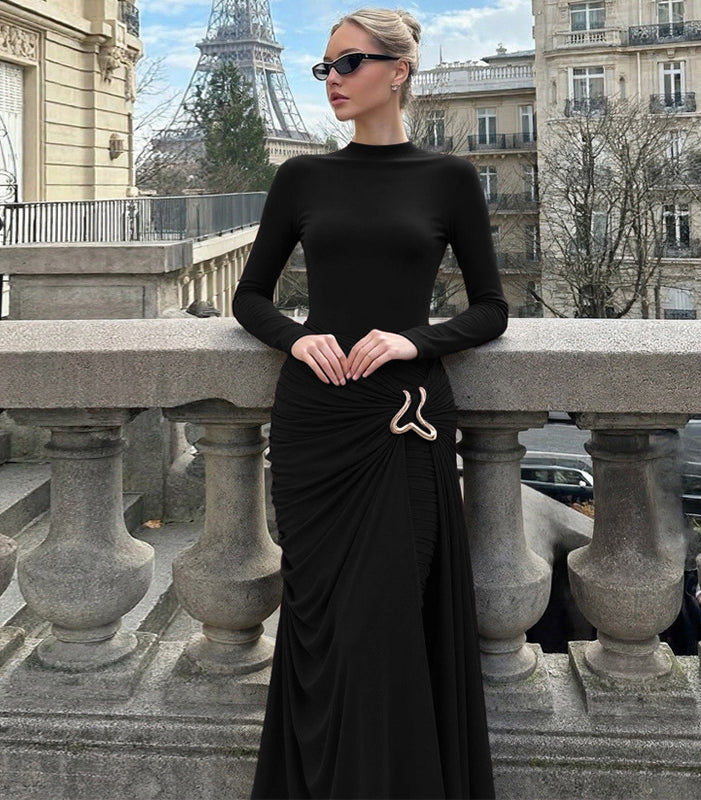 Elegant black langry fashion sheath dress with gold belt buckle
