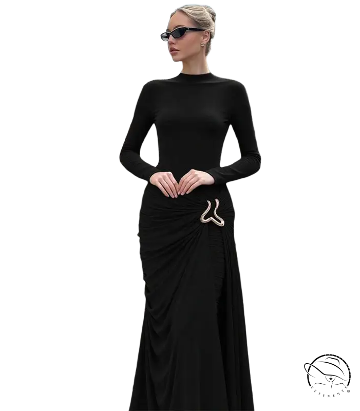 Langry fashion black long-sleeved sheath dress with gold belt buckle