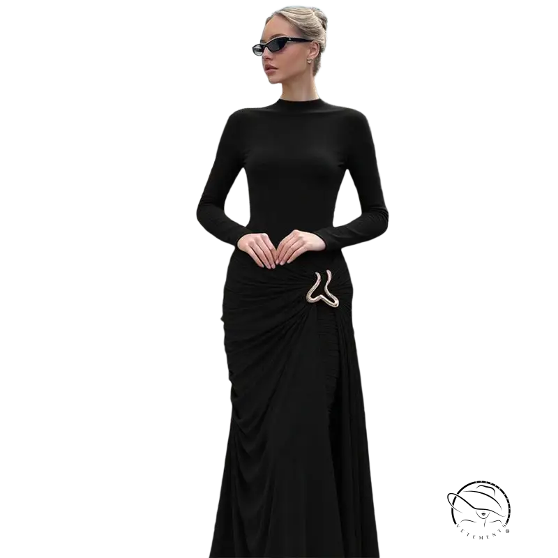Langry fashion black long-sleeved sheath dress with gold belt buckle
