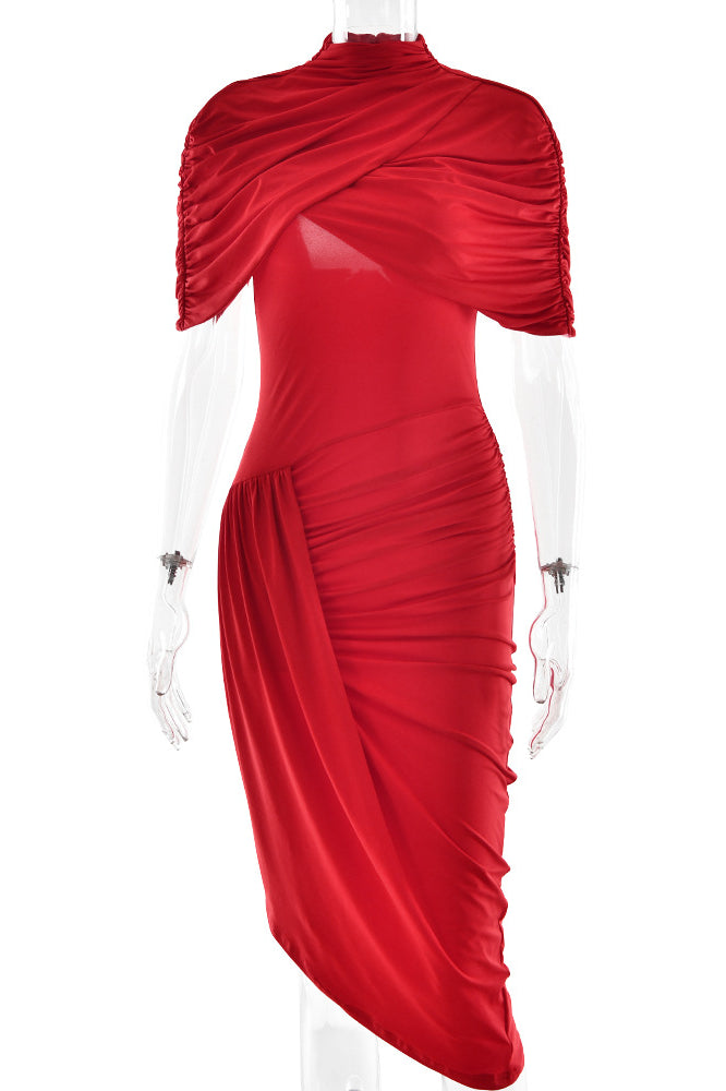 Elegant slim pleated dress in red with ruched draped shoulder and short sleeves