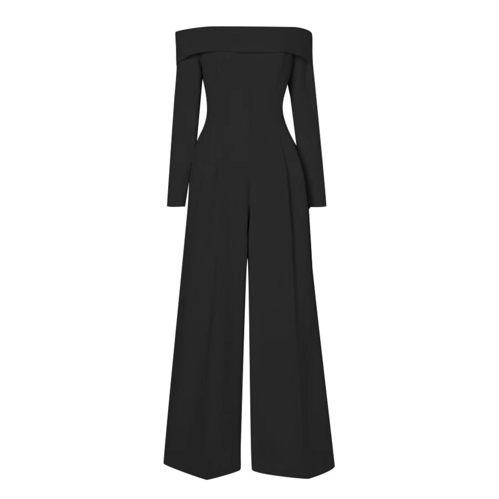 Black off-the-shoulder summer goddess neck jumpsuit suitable for elegant summer occasions