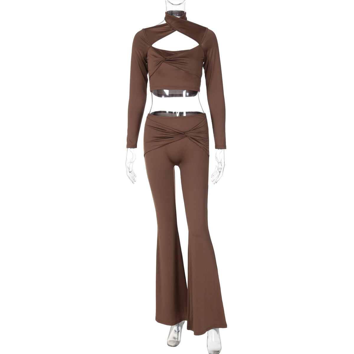 Brown two-piece outfit with long sleeve halter top and pleated flared pants for fashion style