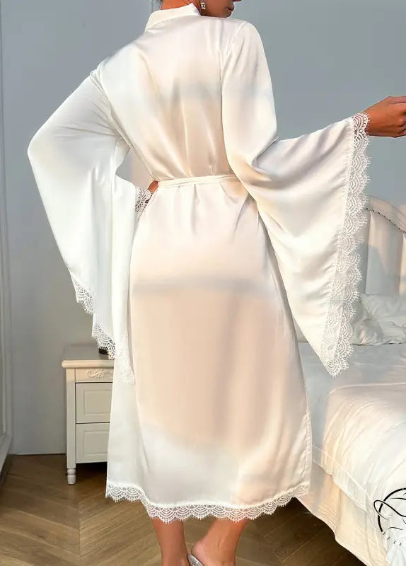 Comfy luxury long sleeve white satin nightgown with lace trim