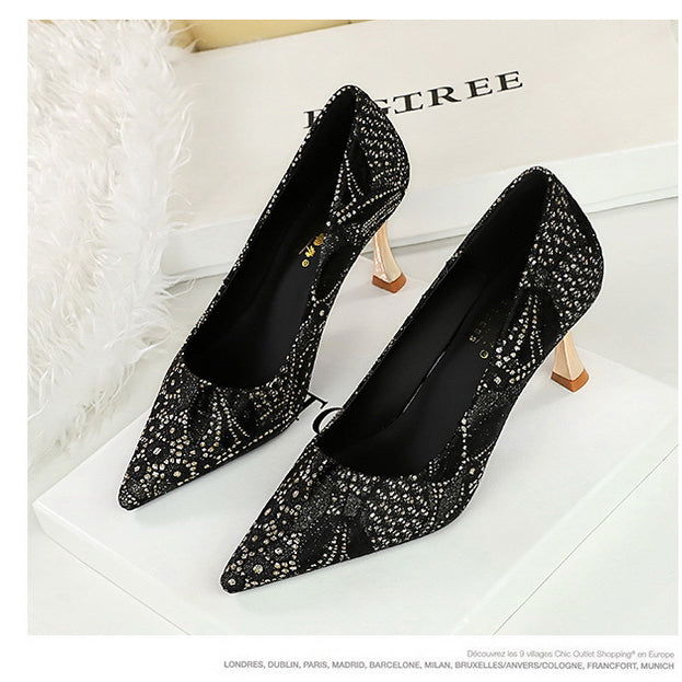 Langry fashion black high-heeled lace shoes with rhinestones