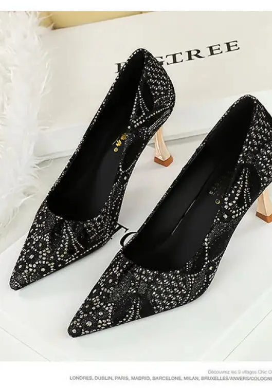 Elegant langry black mid heel fashion shoes with rhinestones and pointed toe