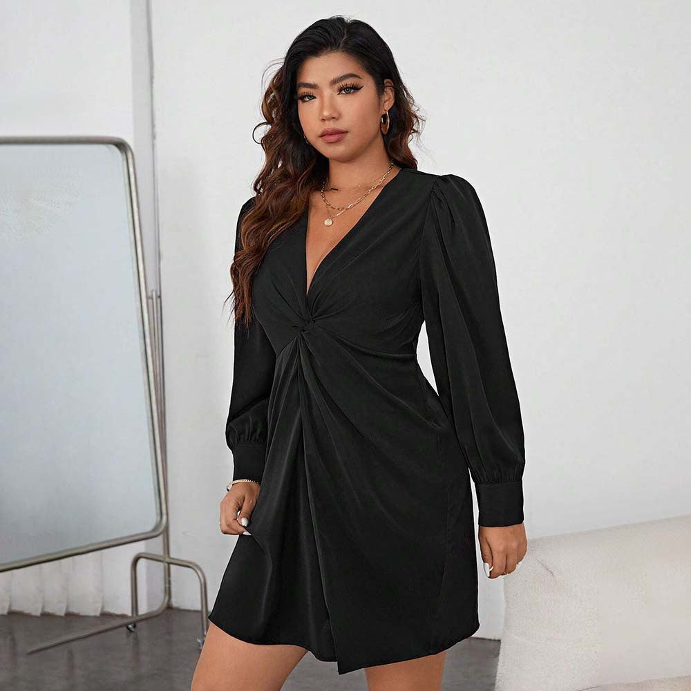 Plus-size woman in black V-neck mini dress with puff sleeves, Elegant Winter High Sense Dress