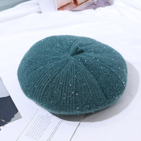 Teal wool beret with silver sequins, perfect for lanry fashion and ملابس winter style