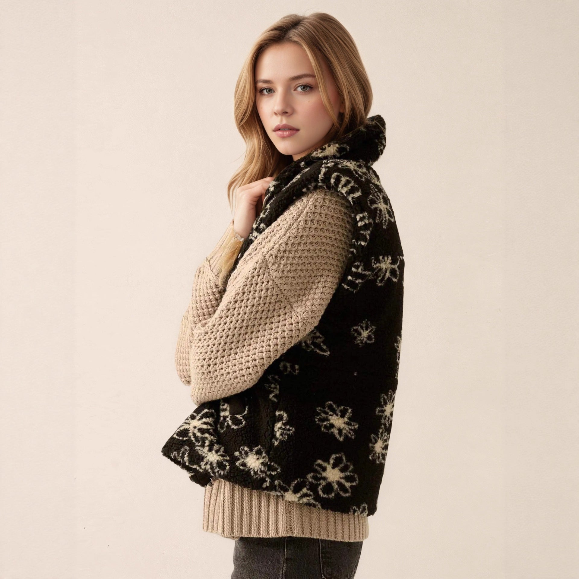 Langry polo collar wool coat with black floral vest and white flowers