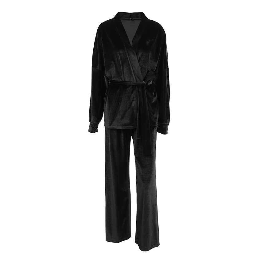 Black velvet two-piece pajama set with wrap top and wide-leg pants, comfortable cardigan thermal sleepwear
