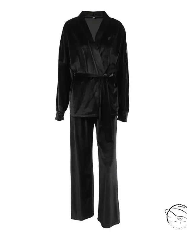 Black velvet comfortable cardigan thermal pajama set with wrap top and wide-leg pants