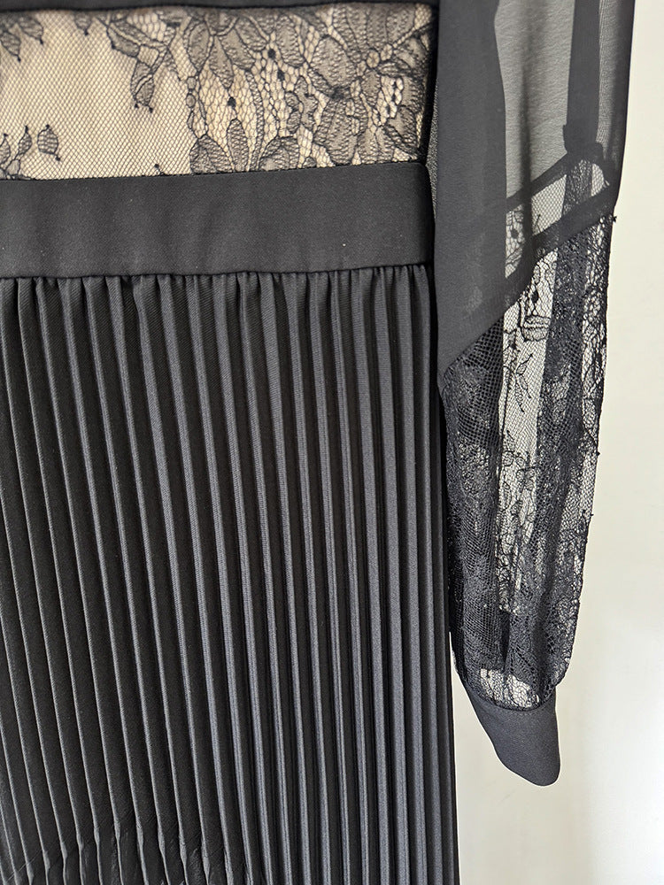 Elegant black pleated fashion dress with lace detailing from Beautiful High End Floor Length Dress collection