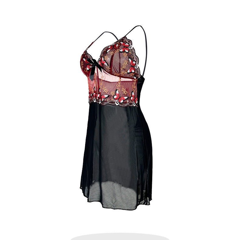 Langry fashion black lace camisole nightdress with sheer floral overlay